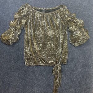 MSK Blouse Womens Small Gold Metallic Geometric Flutter Sleeve Tie Hem Top